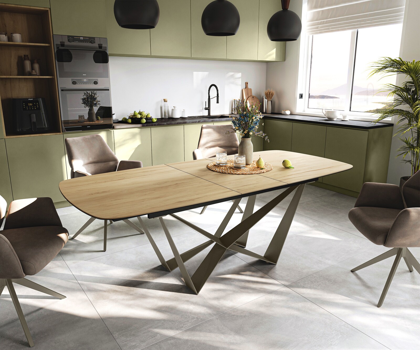 Table à manger Edge Boot 180-220x100 cm Céramique Laminam® Sabbia Eichefarbig Spider Métal Finition effet Titan extensible 1