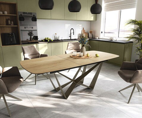 Table à manger Edge Boot 180-220x100 cm Céramique Laminam® Sabbia Eichefarbig Spider Métal Finition effet Titan extensible