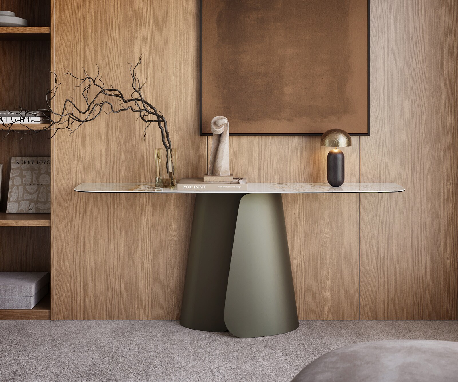 Console Edge forme bateau 180x40 cm Céramique Minas Melange Weiß-Beige Livos Métal Effektfinish Titan 1