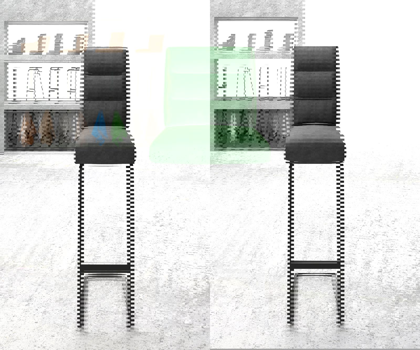 Chaise-de-bar Pela-Flex velours vert chaise cantilever métal plat 1 Chaise-de-bar Pela-Flex velours vert chaise cantilever métal plat 1