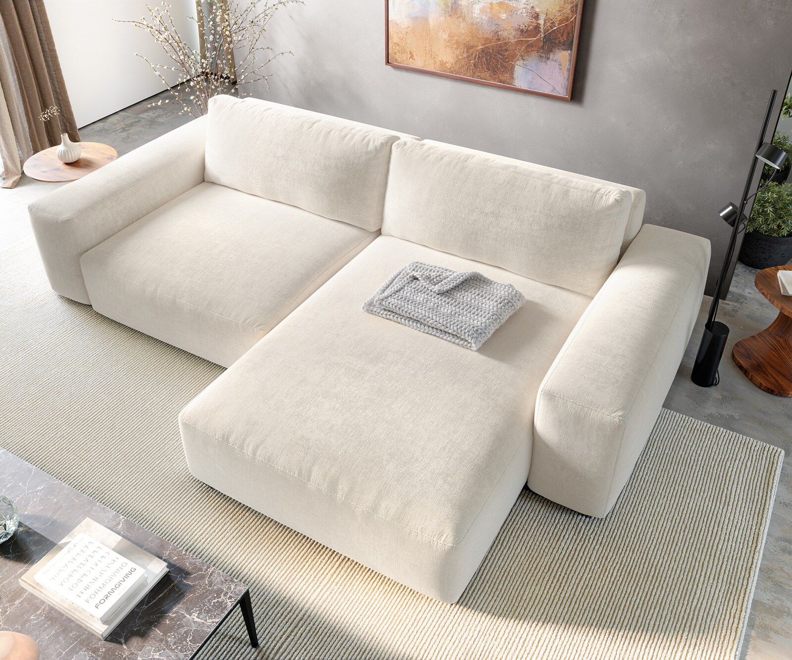 Canapé d'angle Lanzo XL 270x180 cm Tissu texturé doux Beige Méridienne modulable avec pouf 4