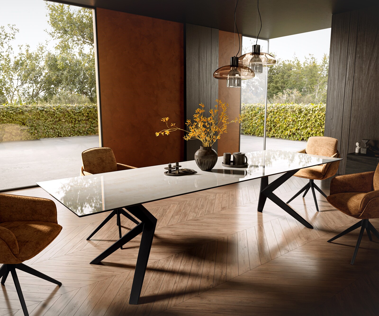 Table à manger Edge 300x100 cm céramique Onyx Champagne Zenthara angulaire métal noir