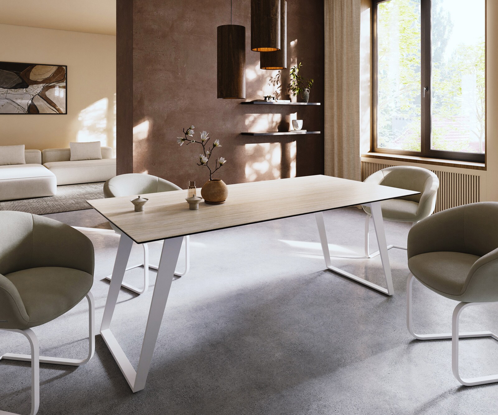 Table à manger Edge 200x100 céramique Laminam® Travertino Bianco crème-blanc métal incliné blanc 1