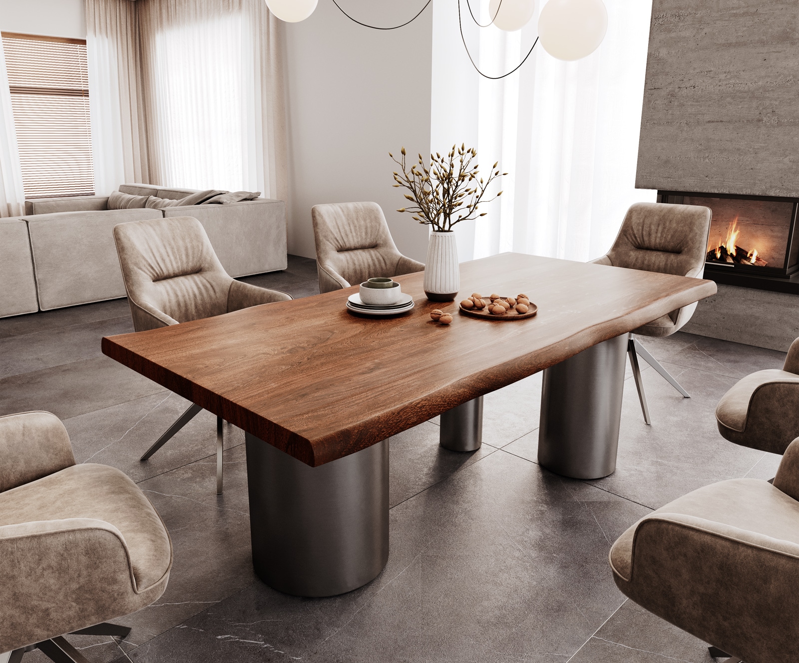 Table à manger Edge 200x100 XL Acacia Marron Troa Acier inoxydable Graphite Live-Edge 1