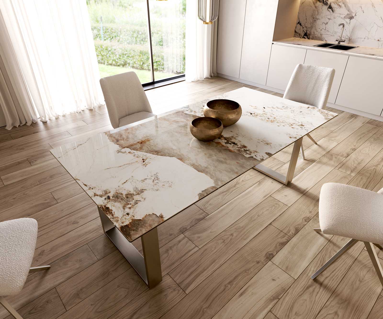 Table à manger Edge 200x100 céramique Minas mélange blanc-beige acier inoxydable mince 5 Table à manger Edge 200x100 céramique Minas mélange blanc-beige acier inoxydable mince 5