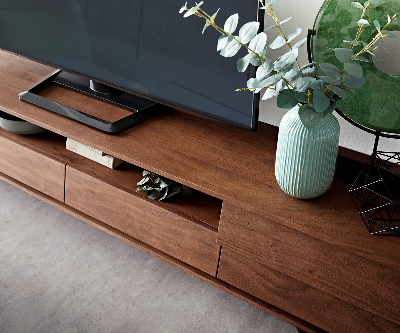Meuble-TV  Eloi 240x35 cm acacia brun 2 portes 2 tiroirs pied en V noir 4
