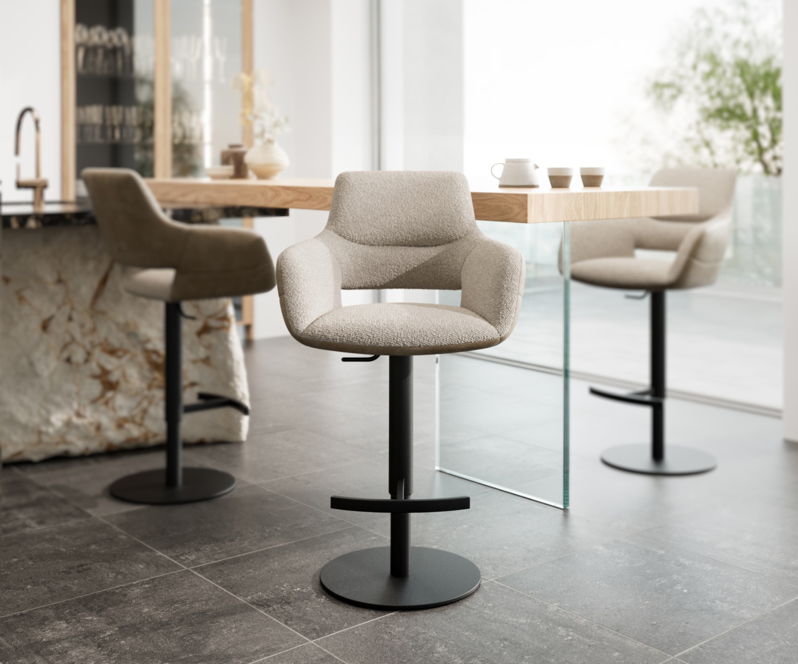 Chaise-de-bar Yago-Flex mélange de matériaux microfibre boue / bouclé boue pied pivotant réglable en hauteur métal noir pivotant ressorts ensachés 3 Chaise-de-bar Yago-Flex mélange de matériaux microfibre boue / bouclé boue pied pivotant réglable en hauteur métal noir pivotant ressorts ensachés 3