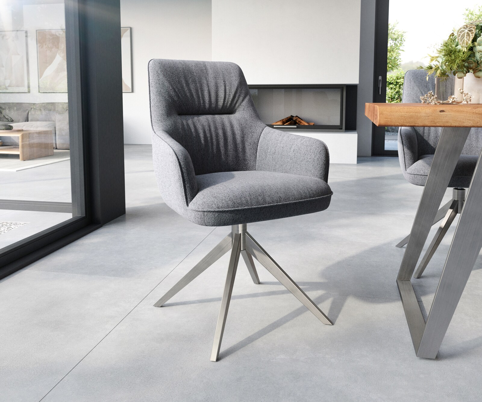 Chaise-de-salle-à-manger Zelia-Flex avec accoudoirs tissu texturé gris clair pied croisé large acier inoxydable brossé ressorts ensachés