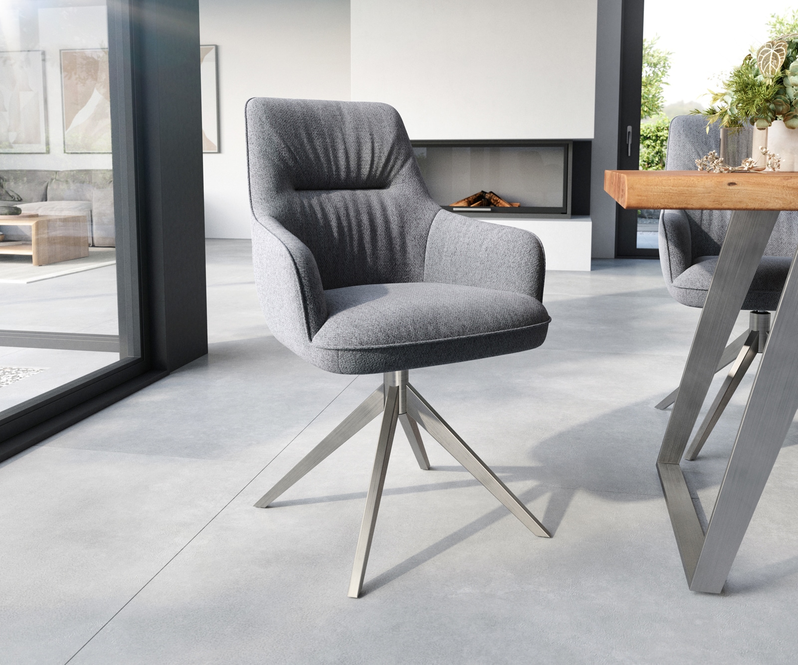 Chaise-de-salle-à-manger Zelia-Flex avec accoudoirs tissu texturé gris clair pied croisé large acier inoxydable brossé ressorts ensachés Chaise-de-salle-à-manger Zelia-Flex avec accoudoirs tissu texturé gris clair pied croisé large acier inoxydable brossé ressorts ensachés