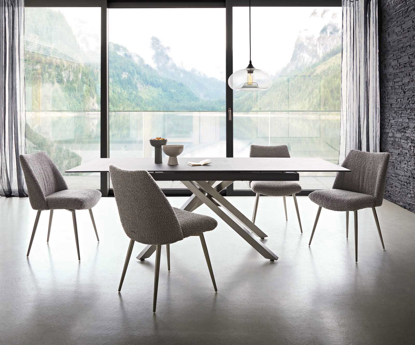 Chaise-de-salle-à-manger Elso-Flex bouclé gris argenté 4 pieds coniques acier inoxydable brossé ressorts ensachés 5 Chaise-de-salle-à-manger Elso-Flex bouclé gris argenté 4 pieds coniques acier inoxydable brossé ressorts ensachés 5