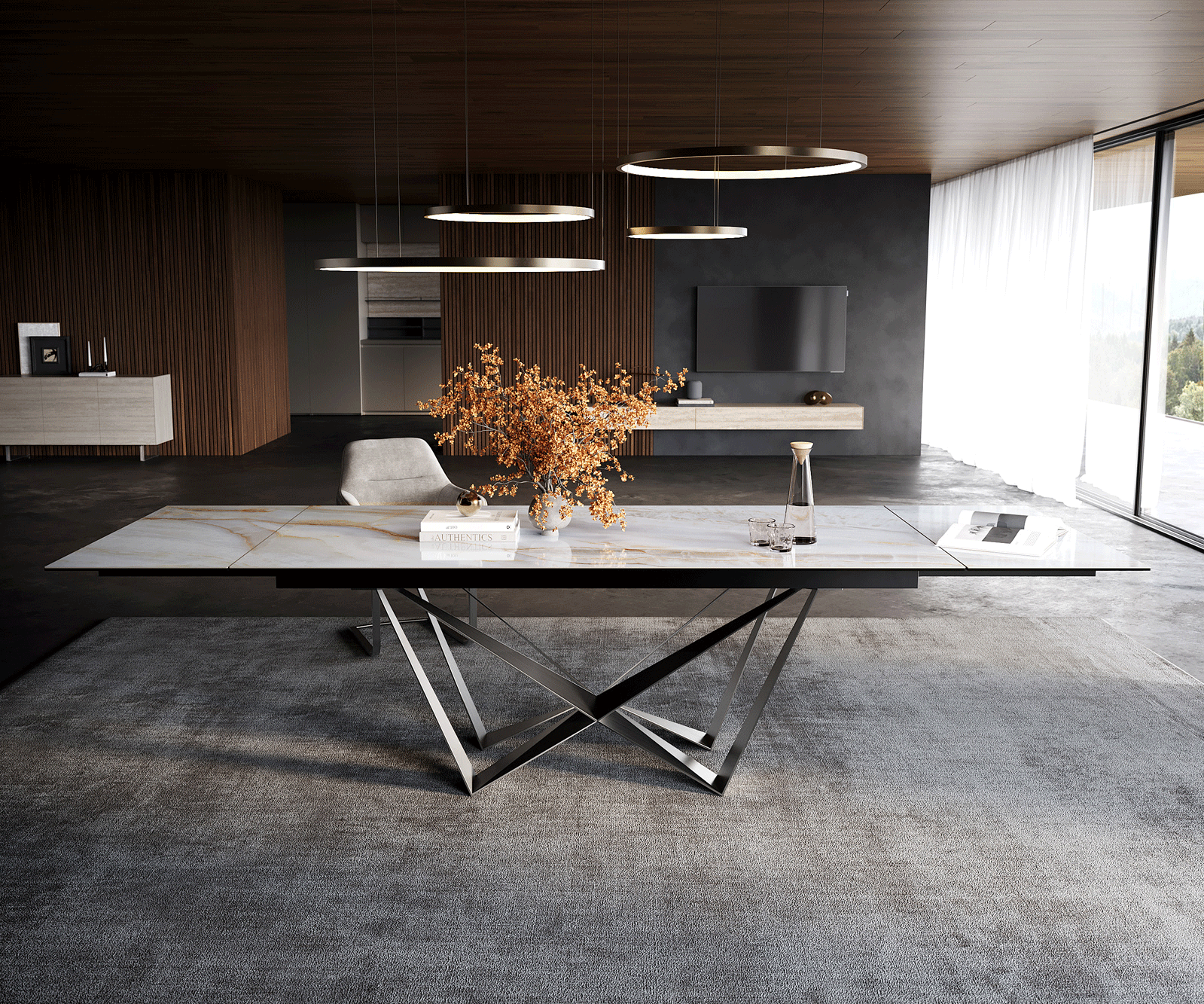 Table à manger extensible Edge 200-300x100 cm céramique Onyx Pearl Spider acier plat inox graphite 2