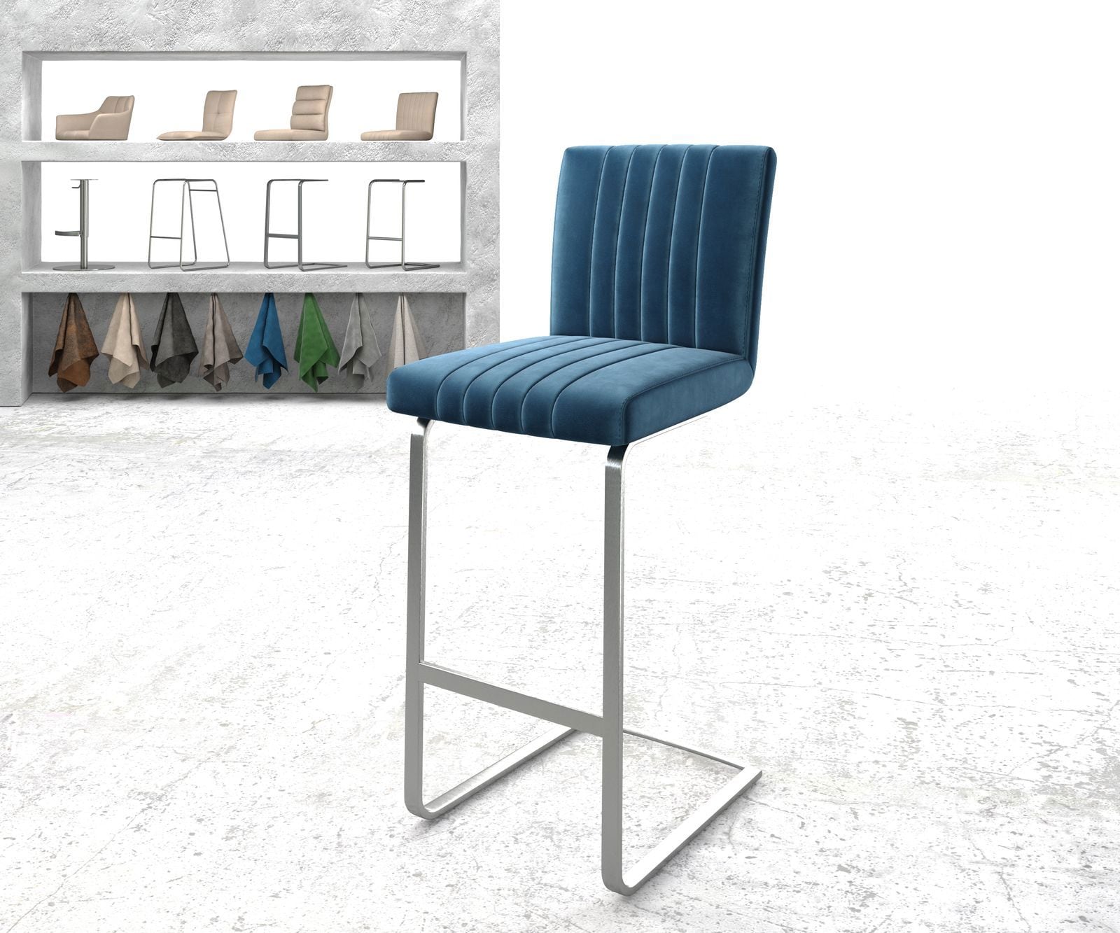 Chaise-de-bar Luiga-Flex velours bleu chaise cantilever acier plat inoxydable Chaise-de-bar Luiga-Flex velours bleu chaise cantilever acier plat inoxydable