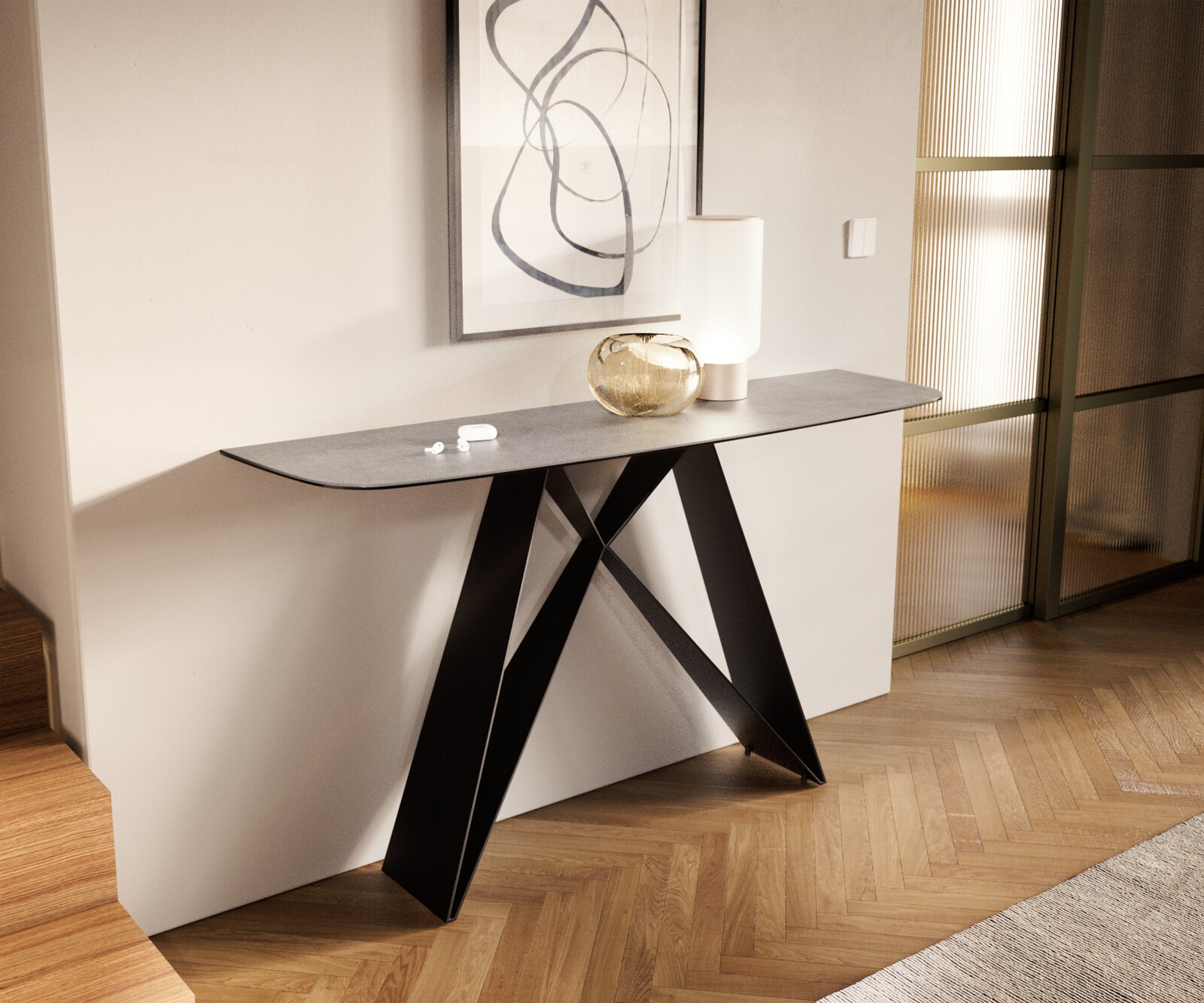 Console Edge forme bateau 140x40 cm Céramique Gris béton Velio Métal Noir 4
