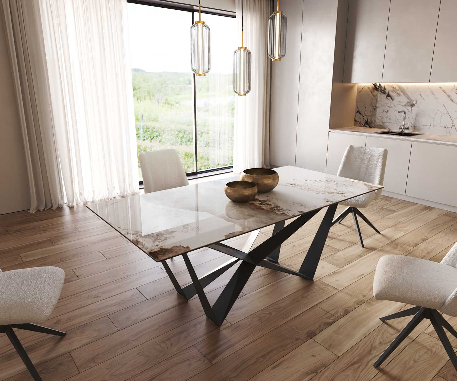 Table à manger Edge 200x100 céramique Minas mélange blanc-beige Spider acier plat noir 1