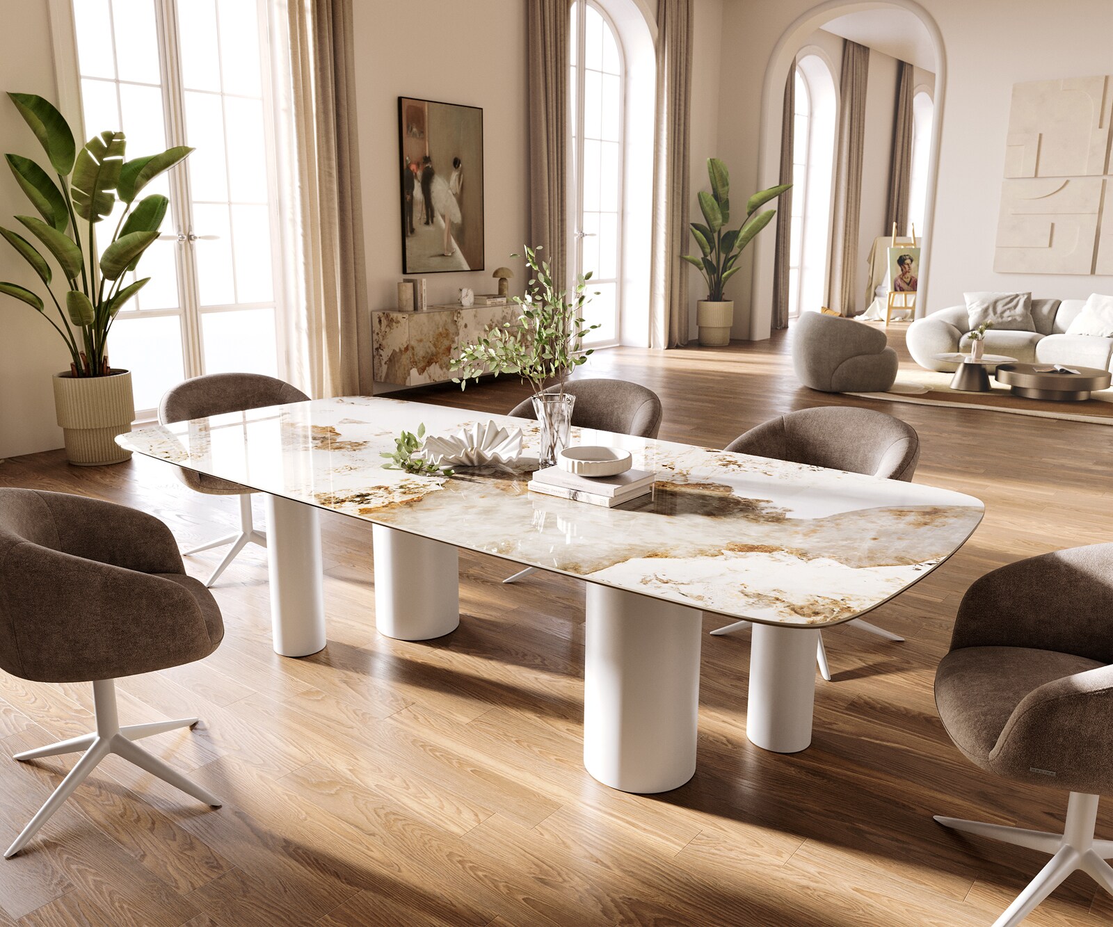 Table à manger Edge Boot 260x120 cm Céramique Minas Melange Blanc-Beige Pilier Métal Blanc