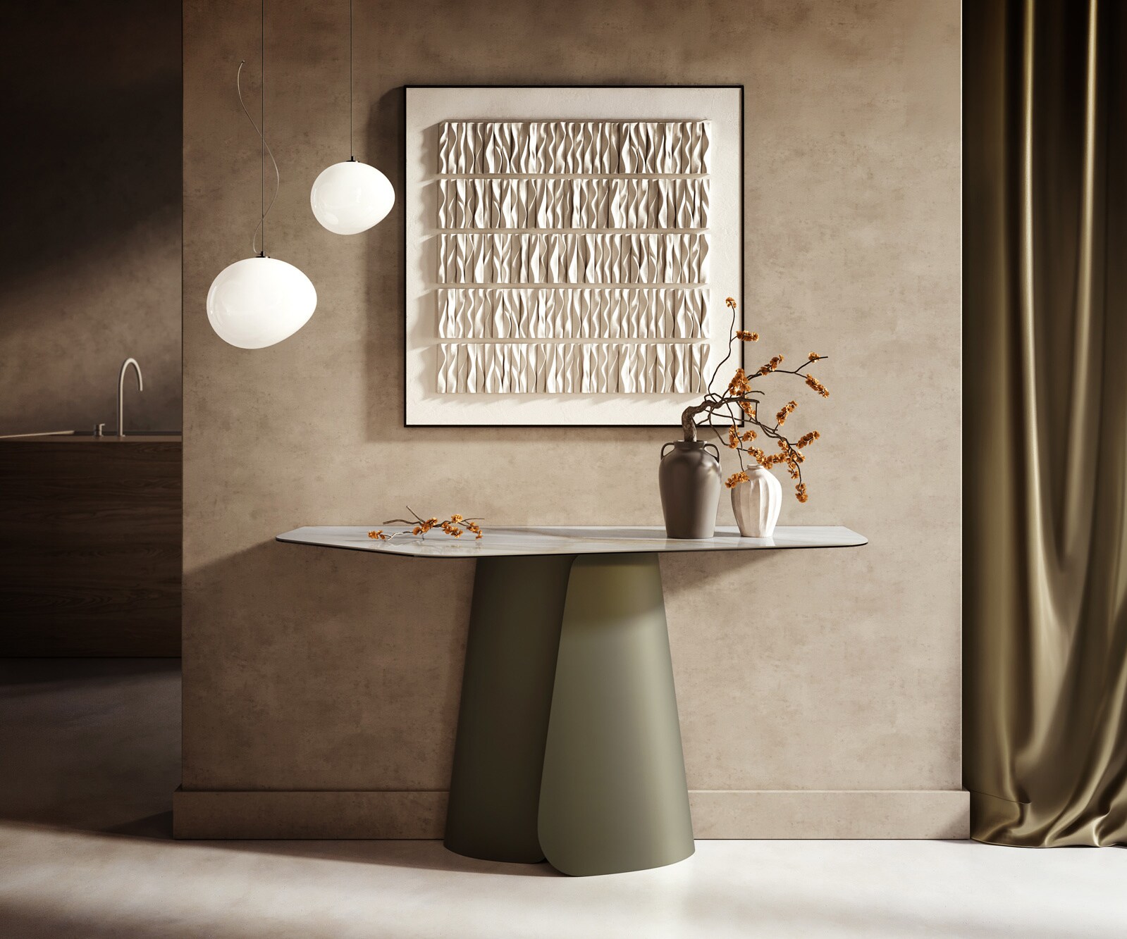Console Edge Polygonal 140x50 cm Céramique Onyx Pearl Livos Métal Effektfinish Titan 1