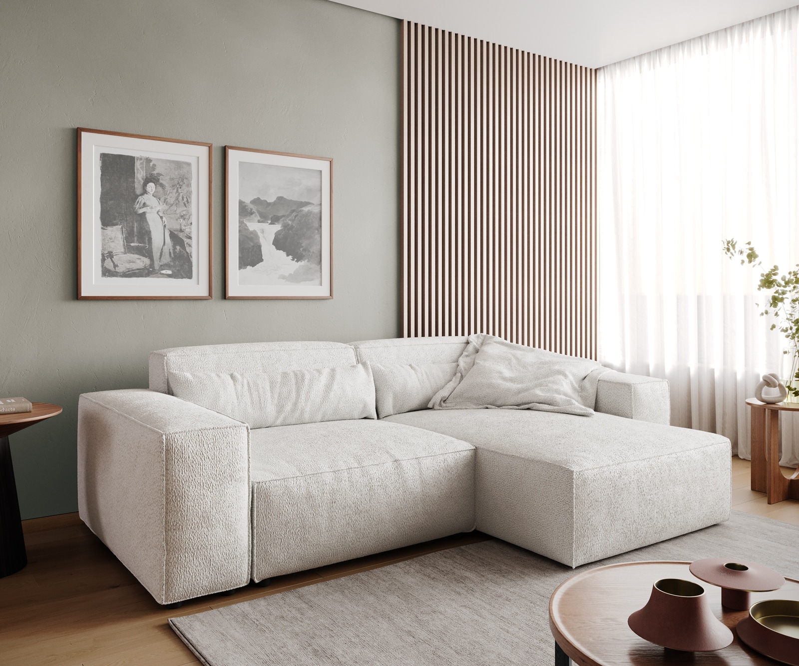 Canapé d'angle Sirpio 230x155 cm Bouclee Crème-blanc Recamiere variable Canapé d'angle Sirpio 230x155 cm Bouclee Crème-blanc Recamiere variable