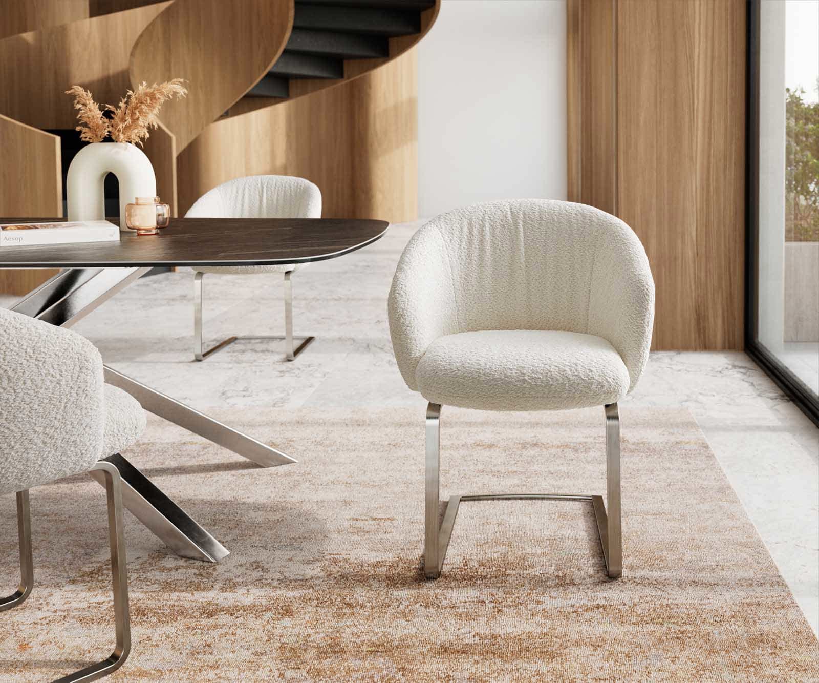 Cantilever Caja-Flex avec accoudoirs bouclé blanc pied cantilever plat acier inoxydable brossé ressorts ensachés 1 Cantilever Caja-Flex avec accoudoirs bouclé blanc pied cantilever plat acier inoxydable brossé ressorts ensachés 1