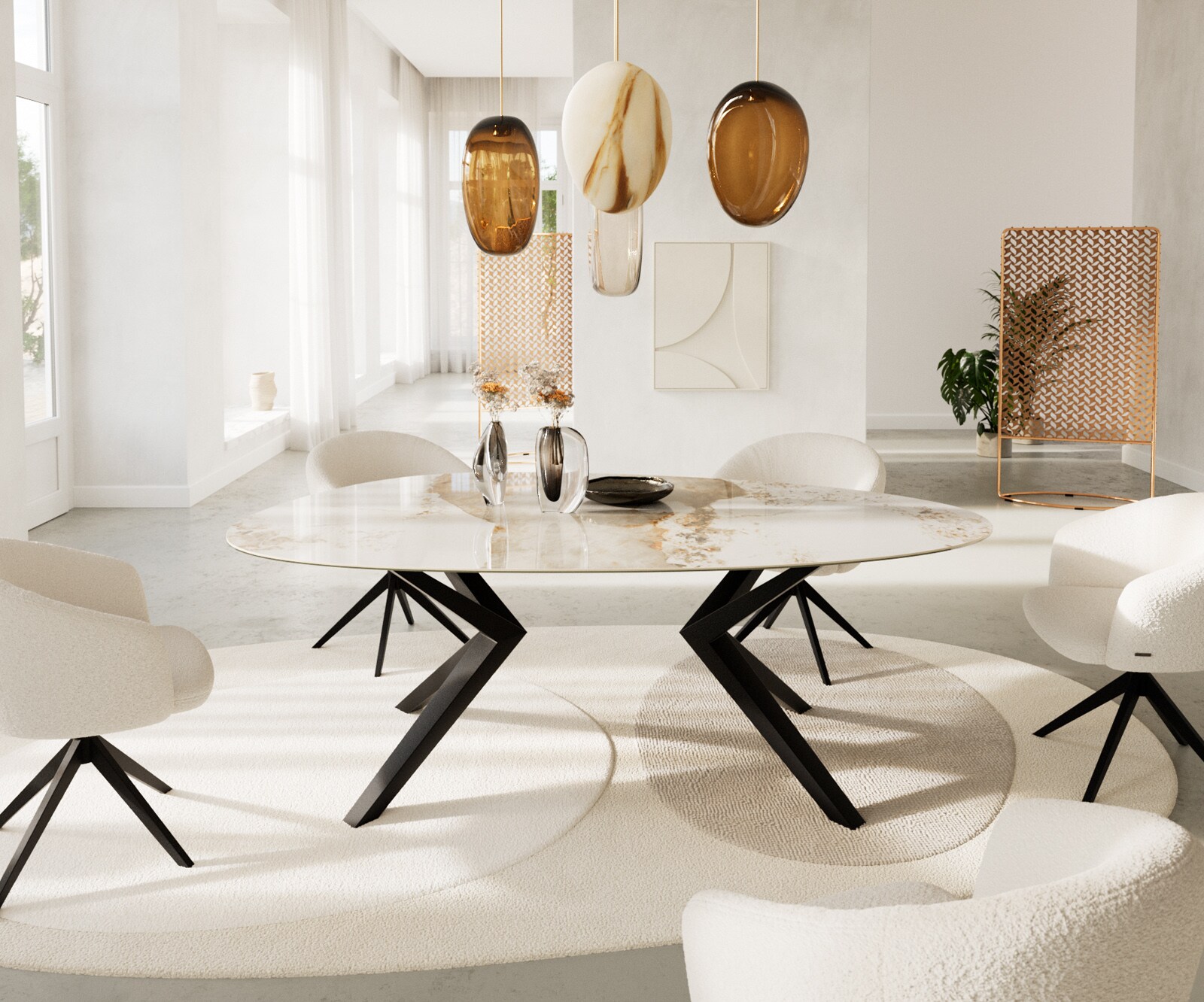 Table à manger Edge Ovale 220x120 Céramique Minas Melange Blanc-Beige Zenthara anguleux Métal Noir 1