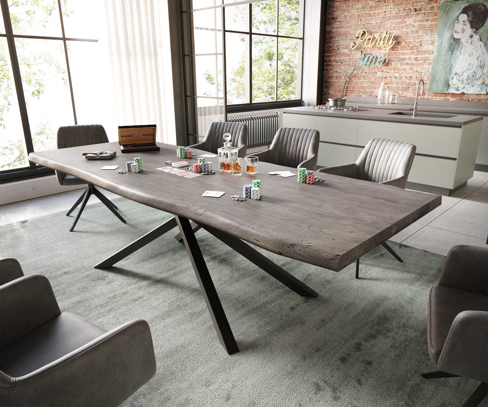 Table à manger Edge 260x100 XL acacia platine cadre croisé rectangle noir Live-Edge 1