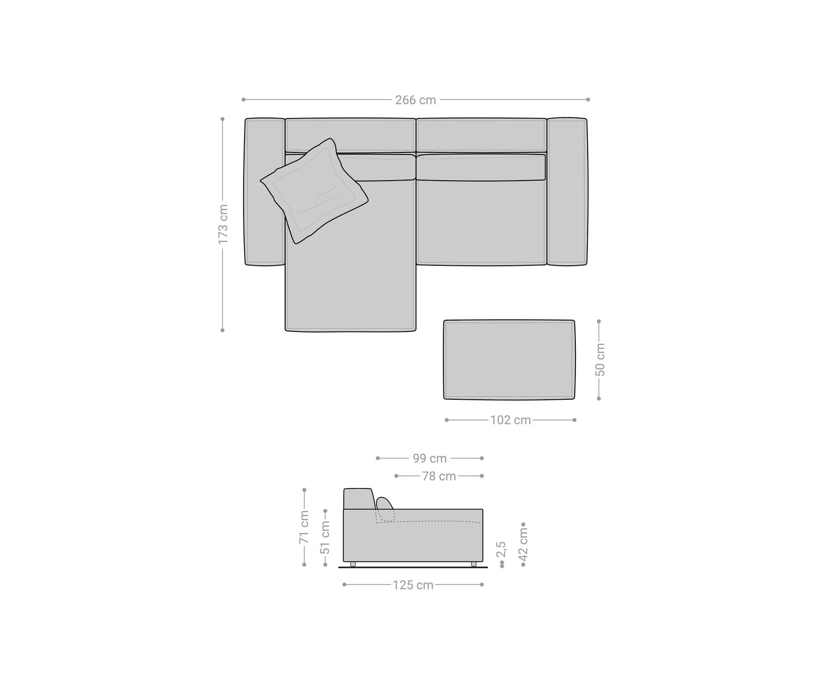 Canapé d'angle Sirpio XL 270x170 cm Velours côtelé Gris argenté Recamiere variable avec Tabouret 8