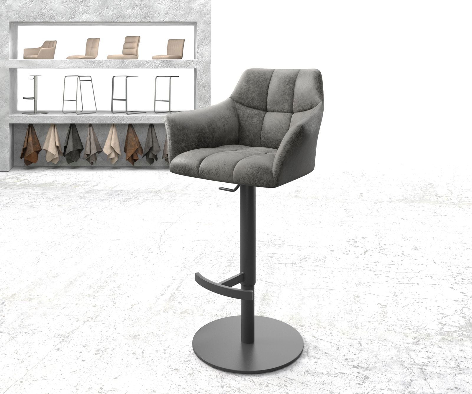 Chaise-de-bar Yulo-Flex vintage gris base tournante réglable en haut métal Chaise-de-bar Yulo-Flex vintage gris base tournante réglable en haut métal