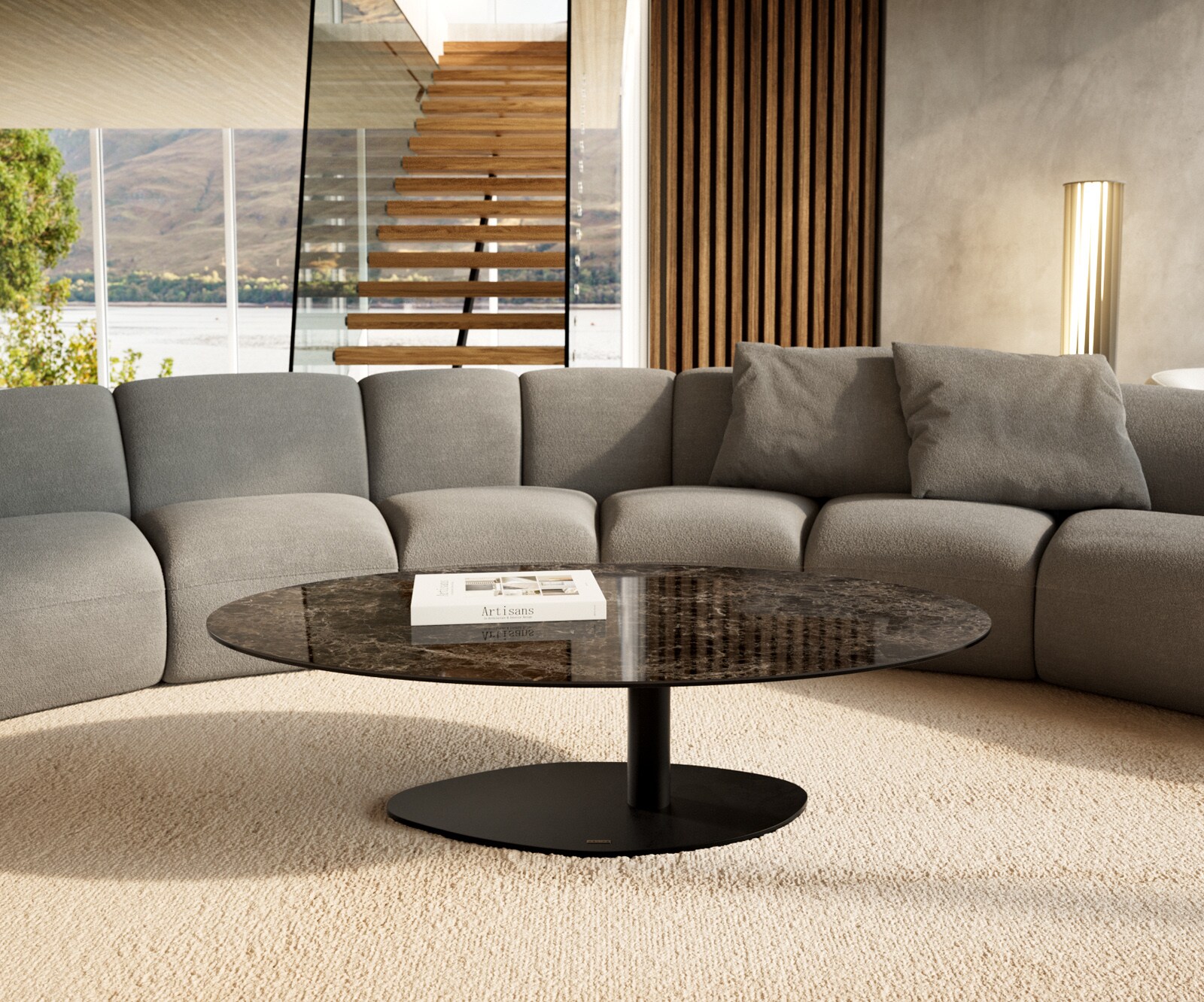 Table basse Edge Oval 140x80 cm céramique Laminam® Emperador Extra Lucidato brun foncé Vibany métal noir 2