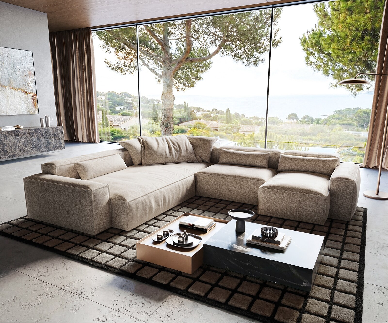 Canapé panoramique Freestyle 360x290 cm Tissu tissé doux Beige couture passepoilée