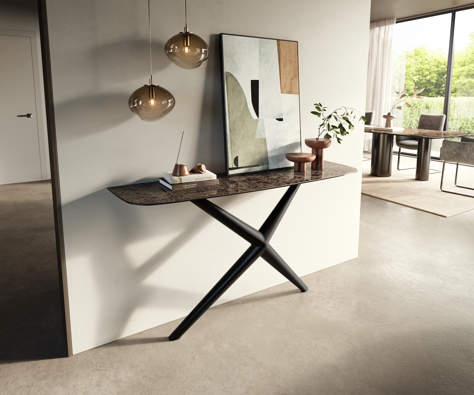 Console Edge forme bateau 140x40 cm Céramique Emperador Extra Lucidato Dunkelbraun Estelo Métal Noir 3