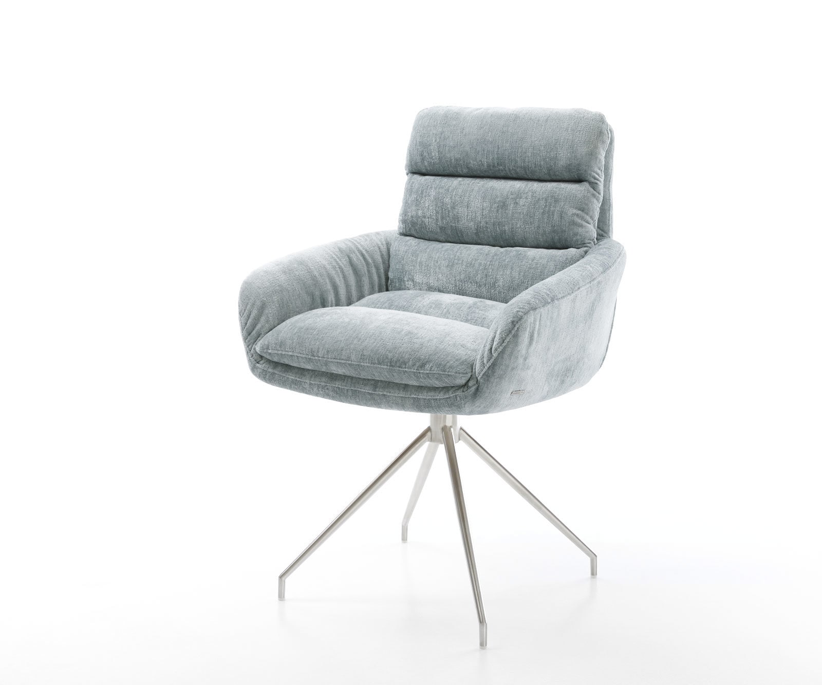 Chaise-pivotante Abelia-Flex avec accoudoirs chenille bleu pastel pied croisé conique acier inoxydable brossé pivotement sur 180° Chaise-pivotante Abelia-Flex avec accoudoirs chenille bleu pastel pied croisé conique acier inoxydable brossé pivotement sur 180°