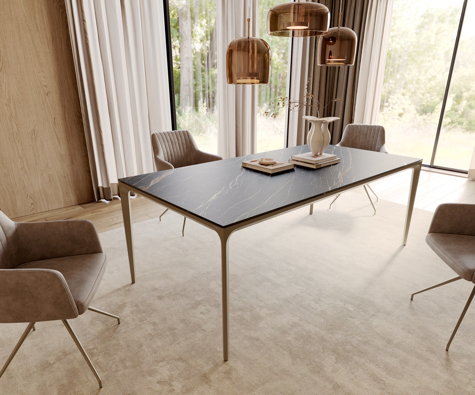 Table-à-manger Escina 200x100 cm Céramique Laminam®Noir Desir Marron Piétement Aluminium 1