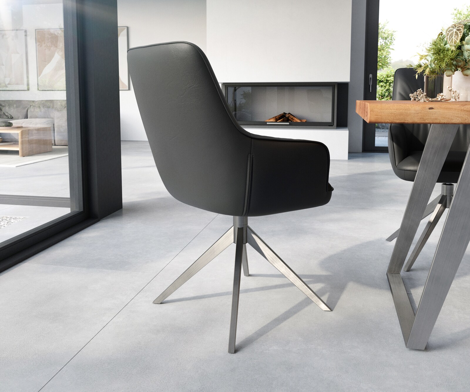 Chaise-de-salle-à-manger Zelia-Flex avec accoudoirs cuir de vache noir pied croisé large acier inoxydable brossé ressorts ensachés 5