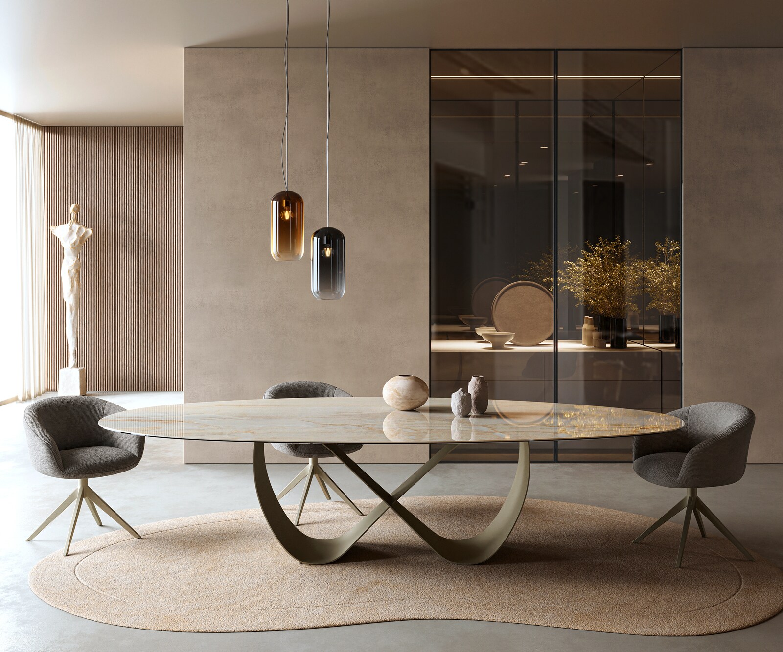 Table à manger Edge Oval 315x150 cm Céramique Iris FMG Onice Oro Infinity Métal Finition effet Titan 2