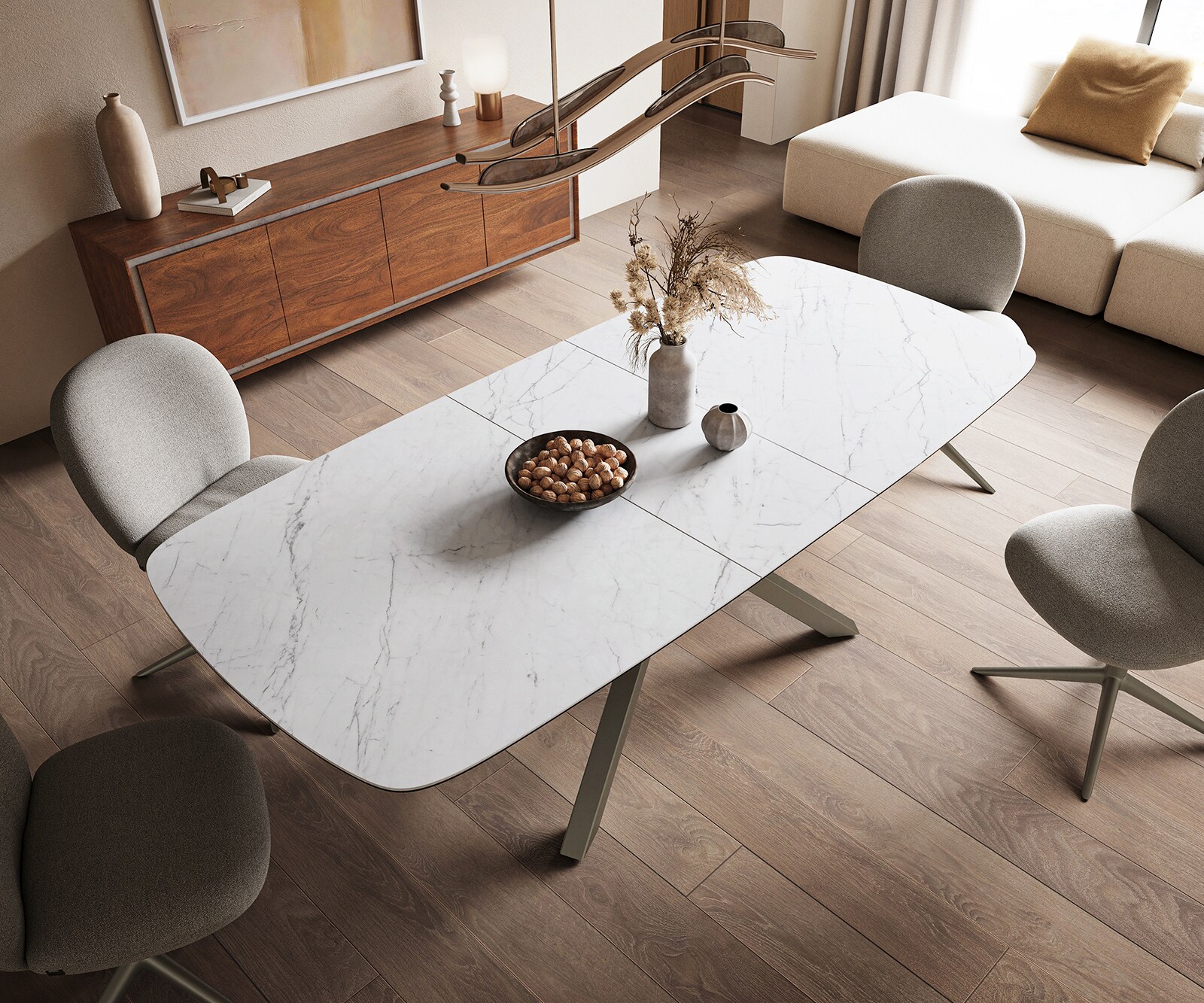Table à manger Edge Boot 180-220x100 cm Céramique Laminam® Statuarietto Blanc piètement en croix Rectangle Finition effet Titan extensible 4