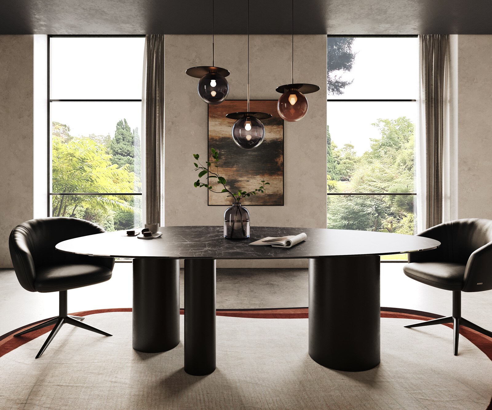 Table à manger Edge ovalee 220x120 céramique Laminam® Nero Greco anthracite Troa métal noir 1