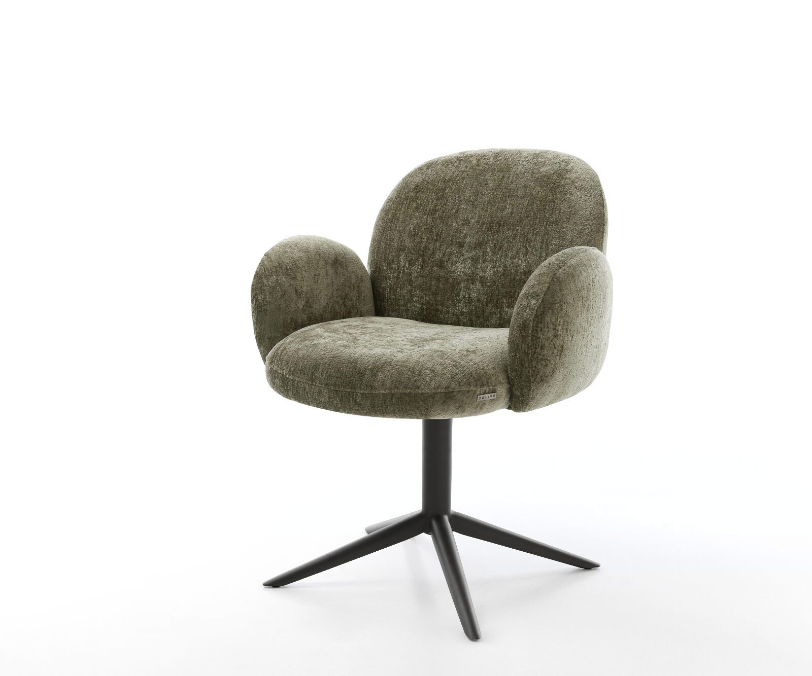 Chaise-pivotante Nube-Flex avec accoudoirs chenille olive pied de chaise 4 branches noir pivotement sur 360° fonction bascule ressorts ensachés