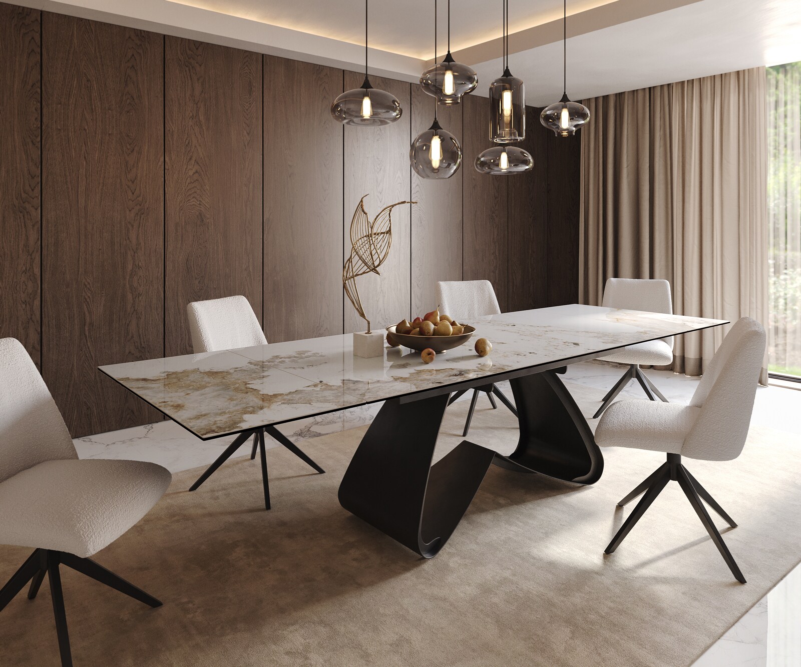 Table à manger Edge 200-300x100 céramique Minas mélange blanc-beige cadre en W noir extensible