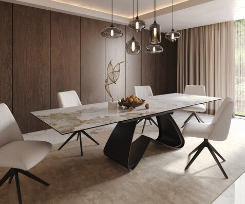Table à manger Edge 200-300x100 céramique Minas mélange blanc-beige cadre en W noir extensible