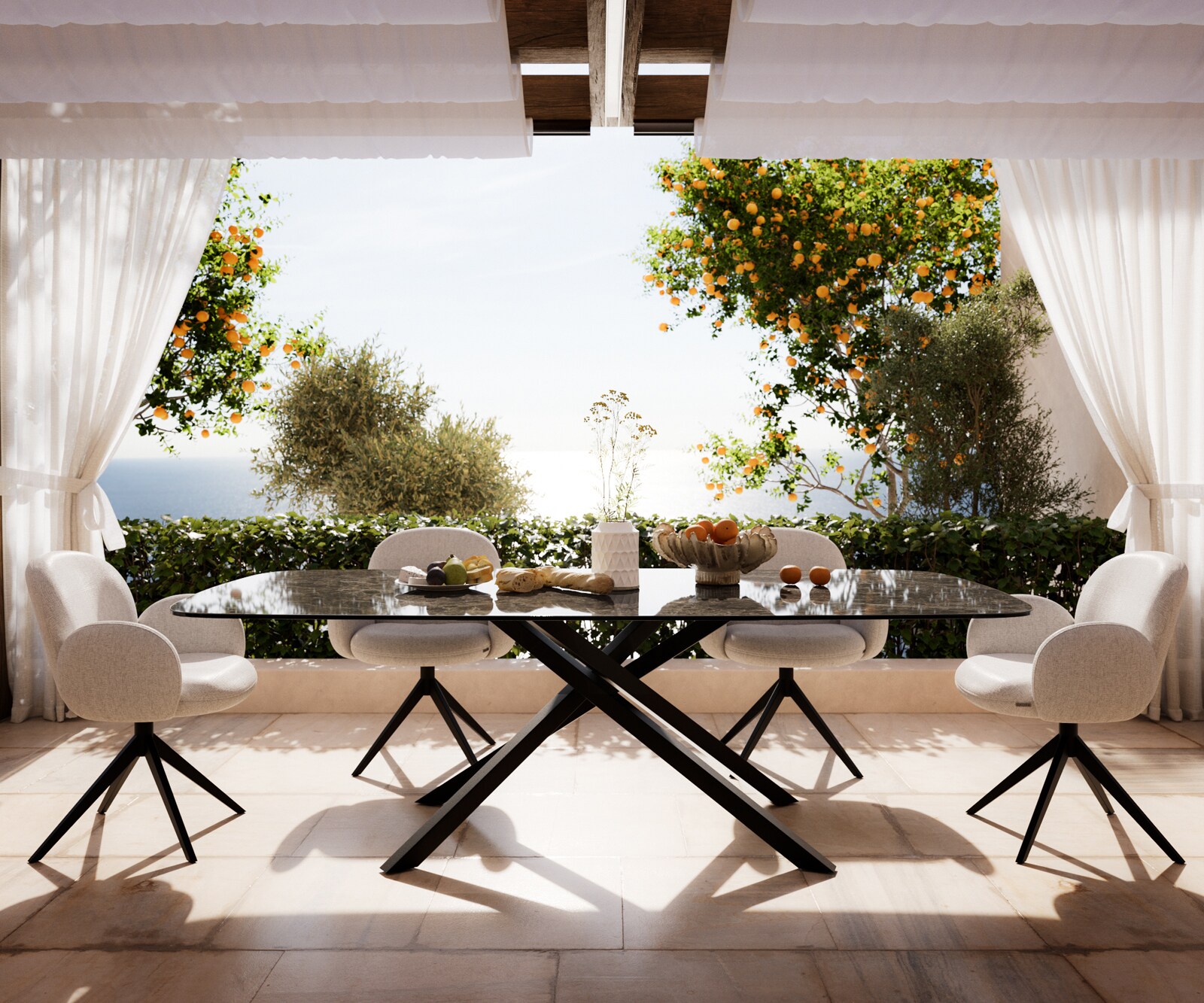 Table d’extérieur Edge Boot 240x120 cm céramique Laminam® Emperador Extra Lucidato brun foncé piètement croisé rectangulaire noir 1