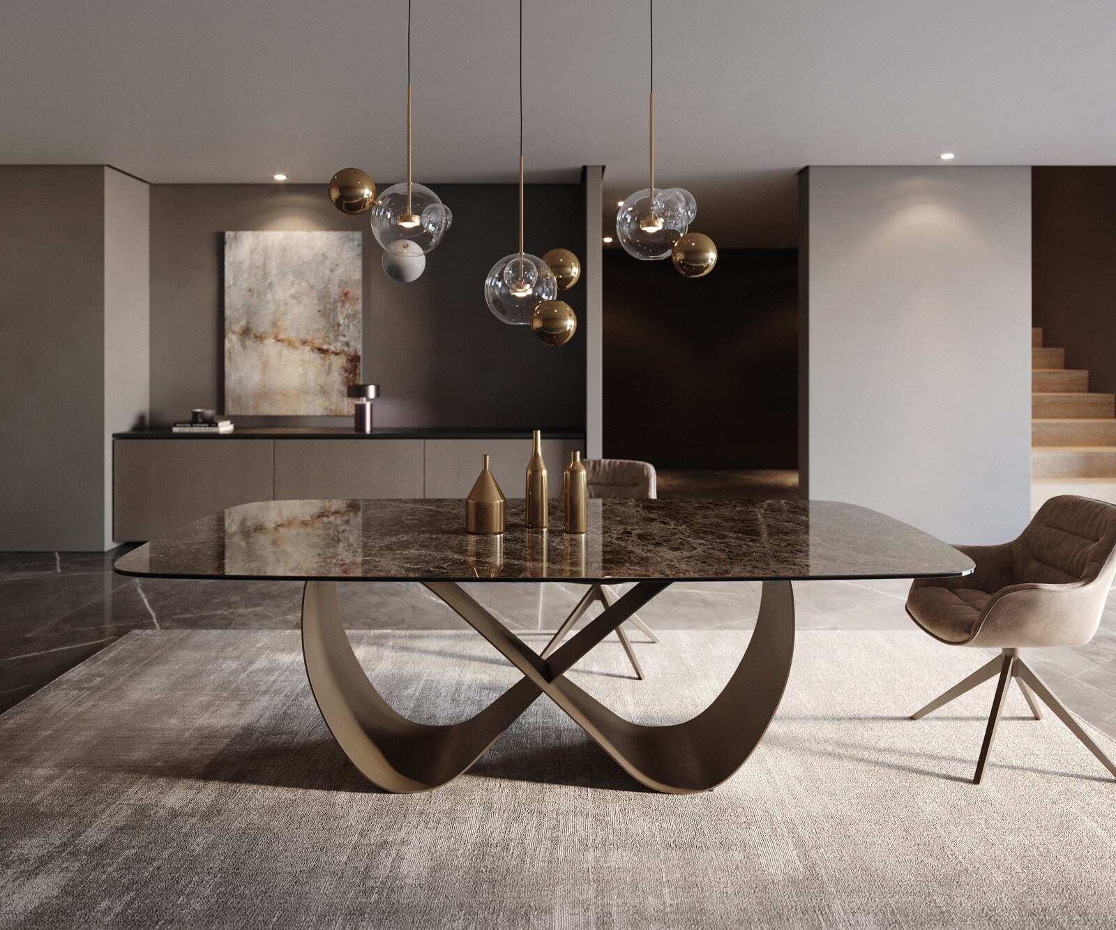 Table de salle à manger Edge Boot Céramique Emperador Extra Lucidato Brun foncé 240x120 Infinity Métal finition effet Titane 1