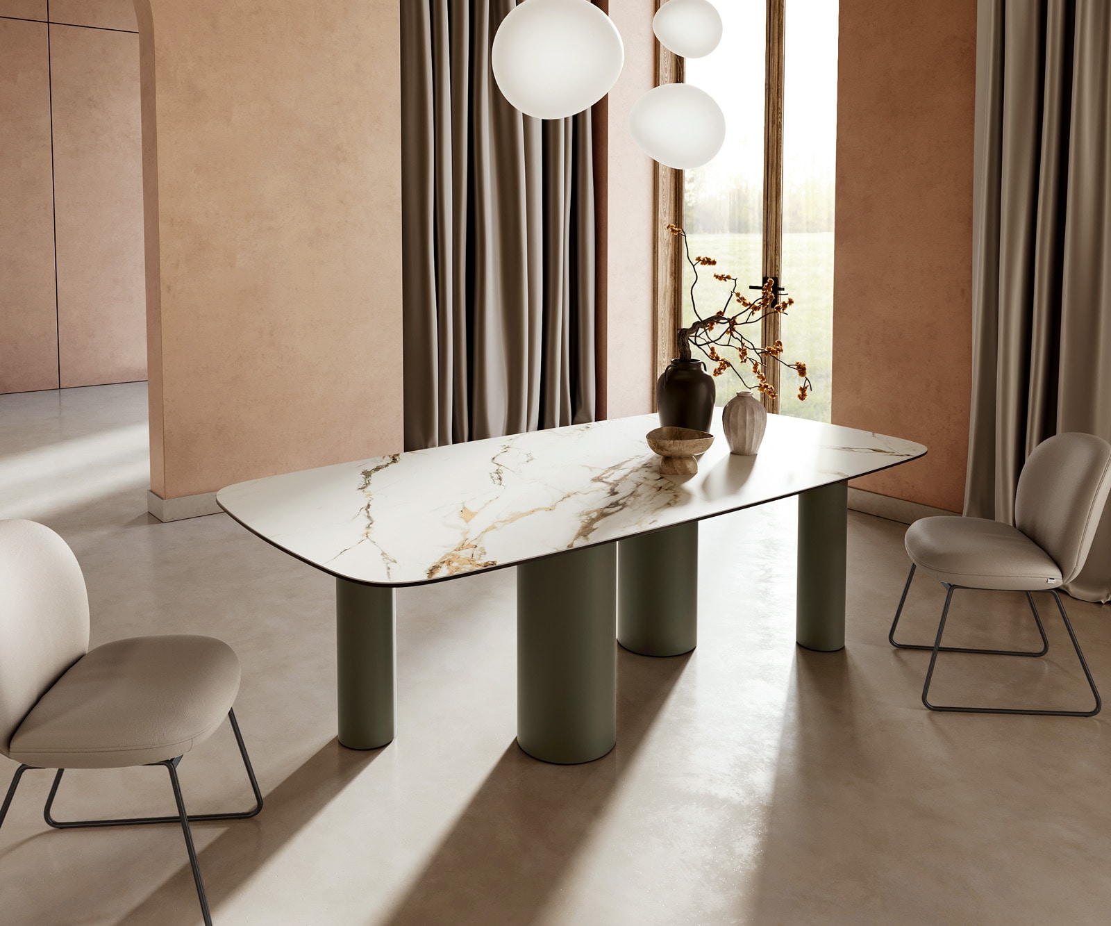 Table à manger Edge Boot 240x120cm céramique Calacatta Luxe blanc-doré-gris Pilier métal effet titane 1 Table à manger Edge Boot 240x120cm céramique Calacatta Luxe blanc-doré-gris Pilier métal effet titane 1