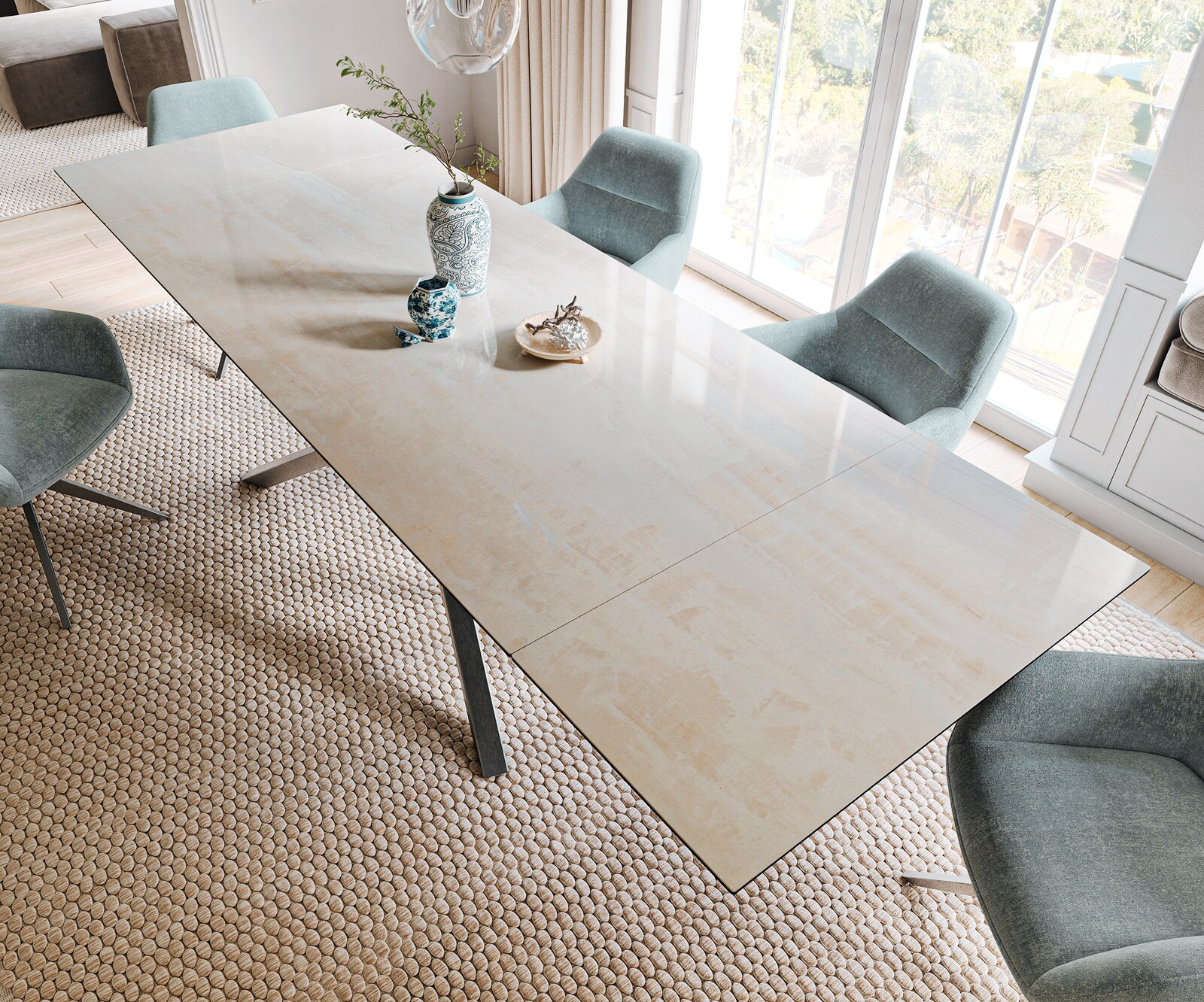 Table à manger extensible Edge 200-300x100 cm céramique Onyx Champagne piètement croisé rectangulaire inox graphite 3