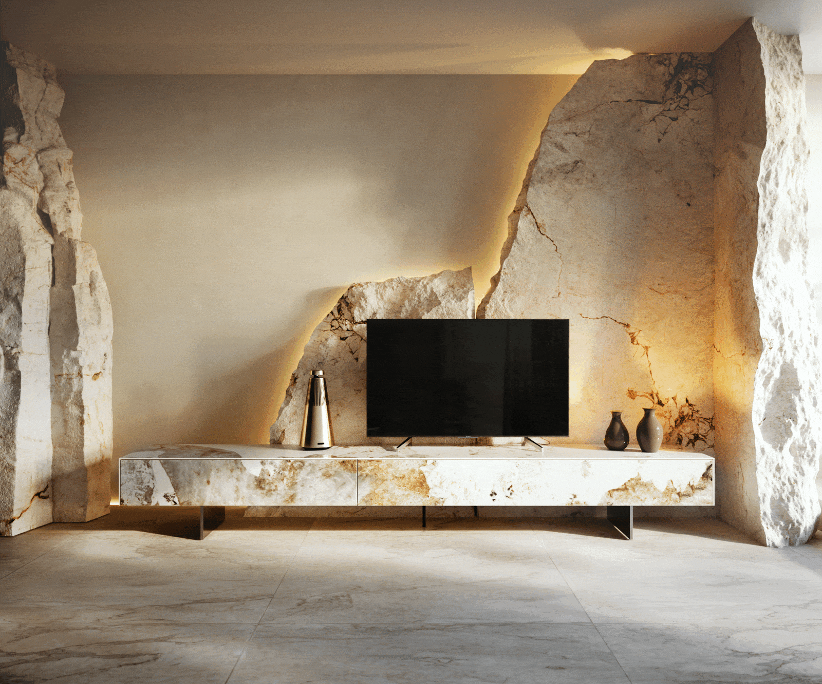 Meuble-TV Cuor 250 cm Céramique Minas Melange Blanc-beige 1 Clapet 1 Tiroir Pied optique flottant Ancier inoxydable 5