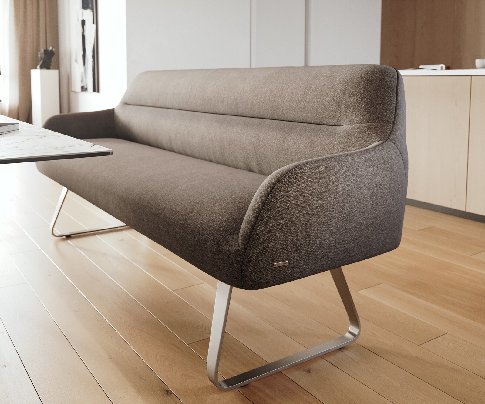 Banc-de-salle-à-manger Taya-Flex 200 cm tissu structuré doux taupe châssis à patins plat acier inoxydable ressort ensaché 5