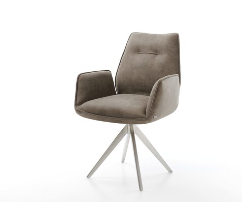 Chaise-de-salle-à-manger Zoa-Flex microvelours taupe vintage pied croisé angulaire acier inoxydable brossé ressorts ensachés