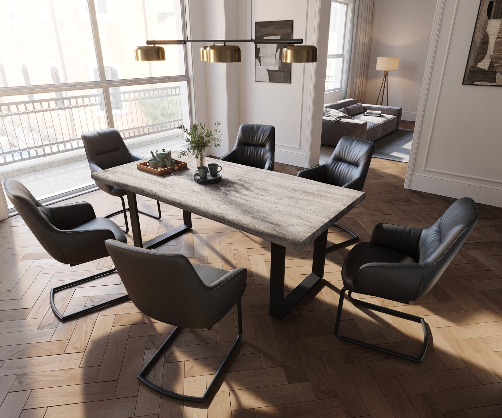 Cantilever Zelia-Flex avec accoudoirs cuir de vache noir pied cantilever rond noir ressorts ensachés 4