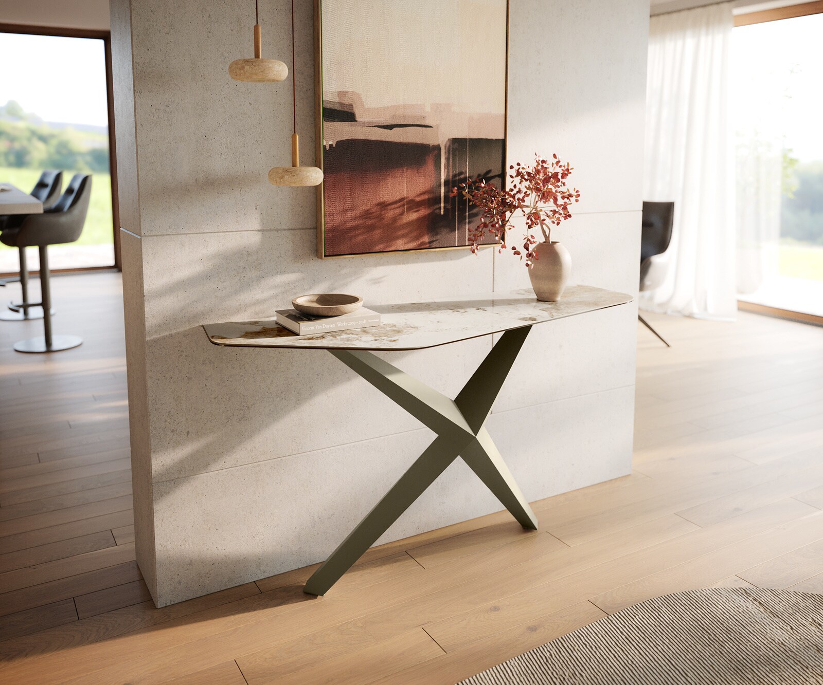 Console Edge Polygonal 140x50 cm Céramique Minas Melange Weiß-Beige Zentharo Métal Effektfinish Titan 3