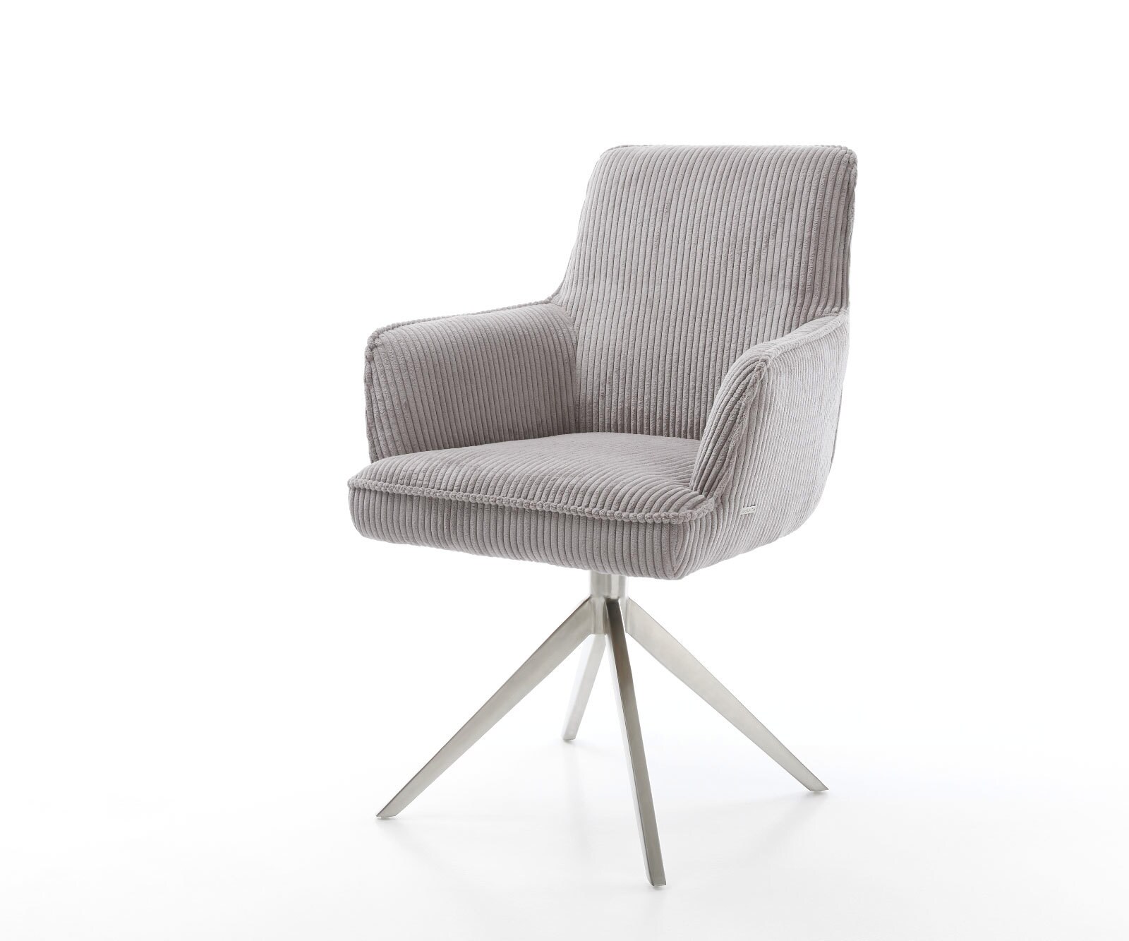 Chaise-pivotante Heira-Flex avec accoudoirs côtelé gris argenté pied croisé large acier inoxydable brossé pivotement sur 360° ressorts ensachés 1
