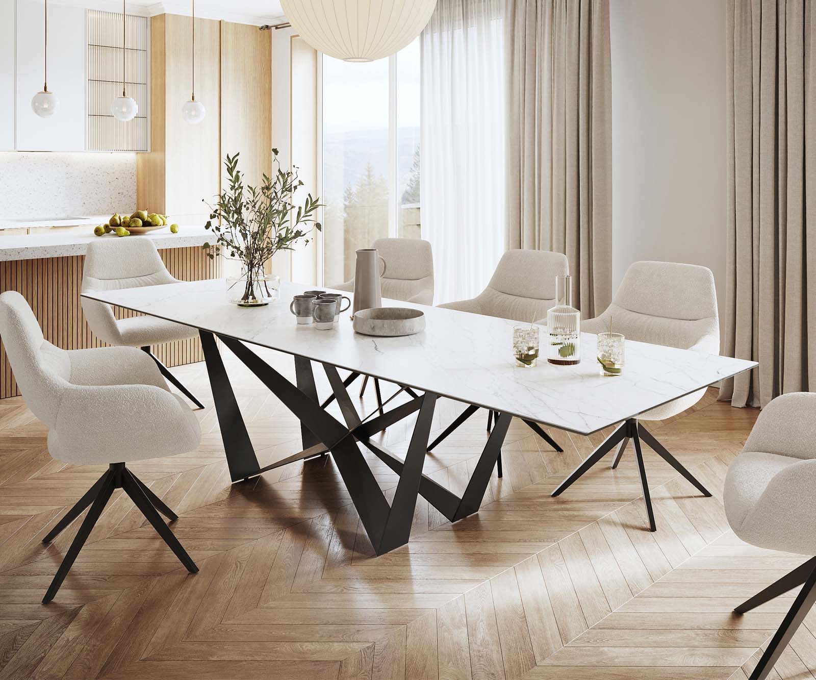 Table-à-manger Edge 300x100cm Laminam® céramique blanc pieds milieu acier plat noir 1