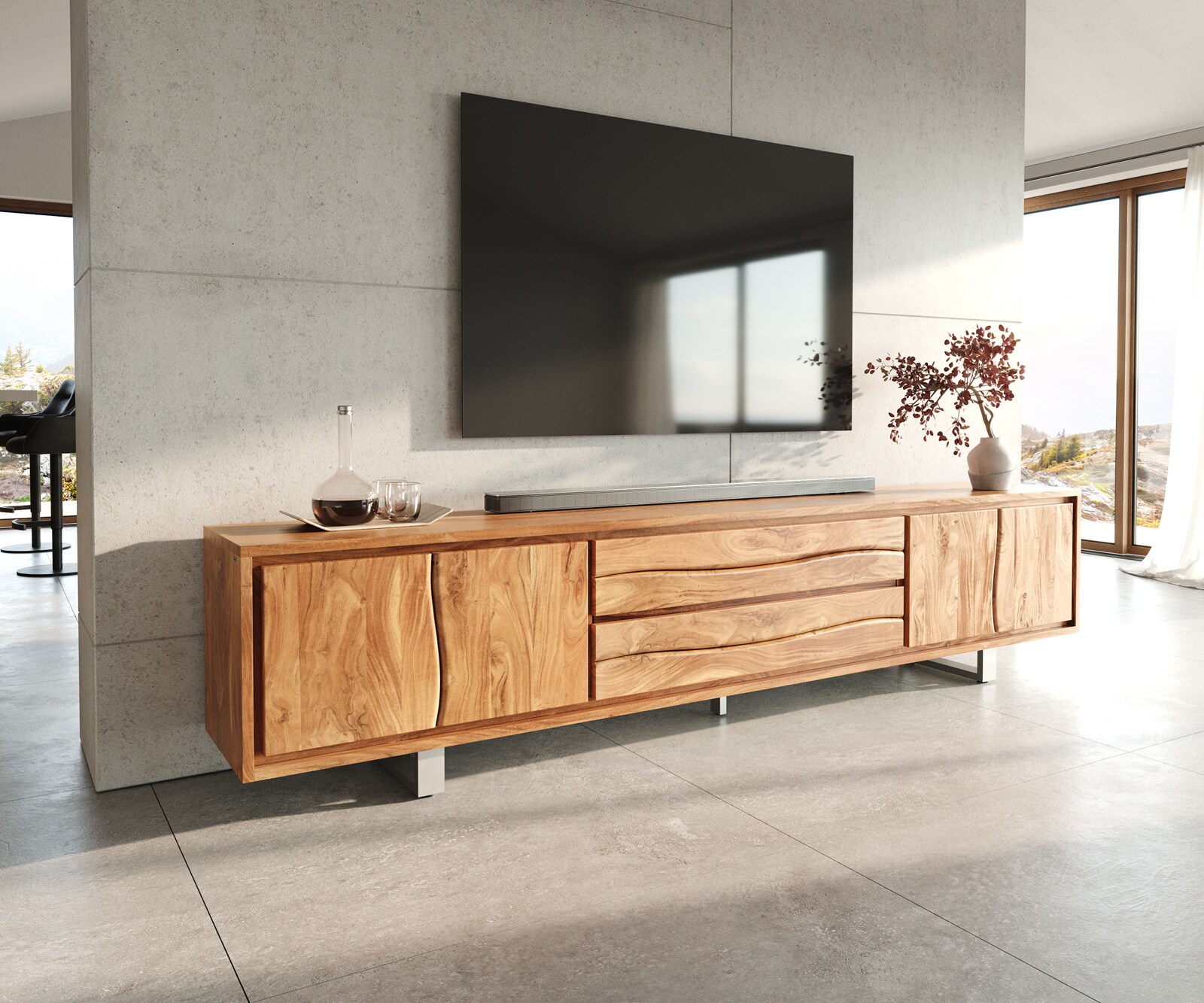 Table-TV Live-Edge Meuble-TV en acacia 4 portes en bordure d'arbre 3